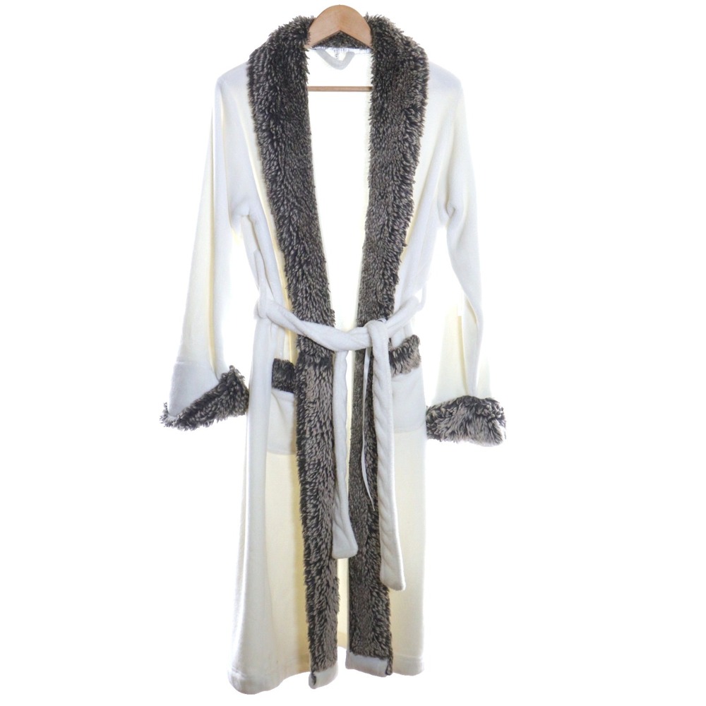 Pottery Barn Ombre Robe White Cream Belted Fauz‎ Fur Collar Trim Size M/L